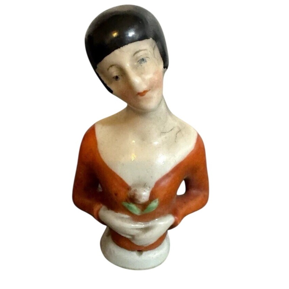 Vintage Painted Flapper Woman Bust Figurine Orange Dress Black Hair 3 in Tall